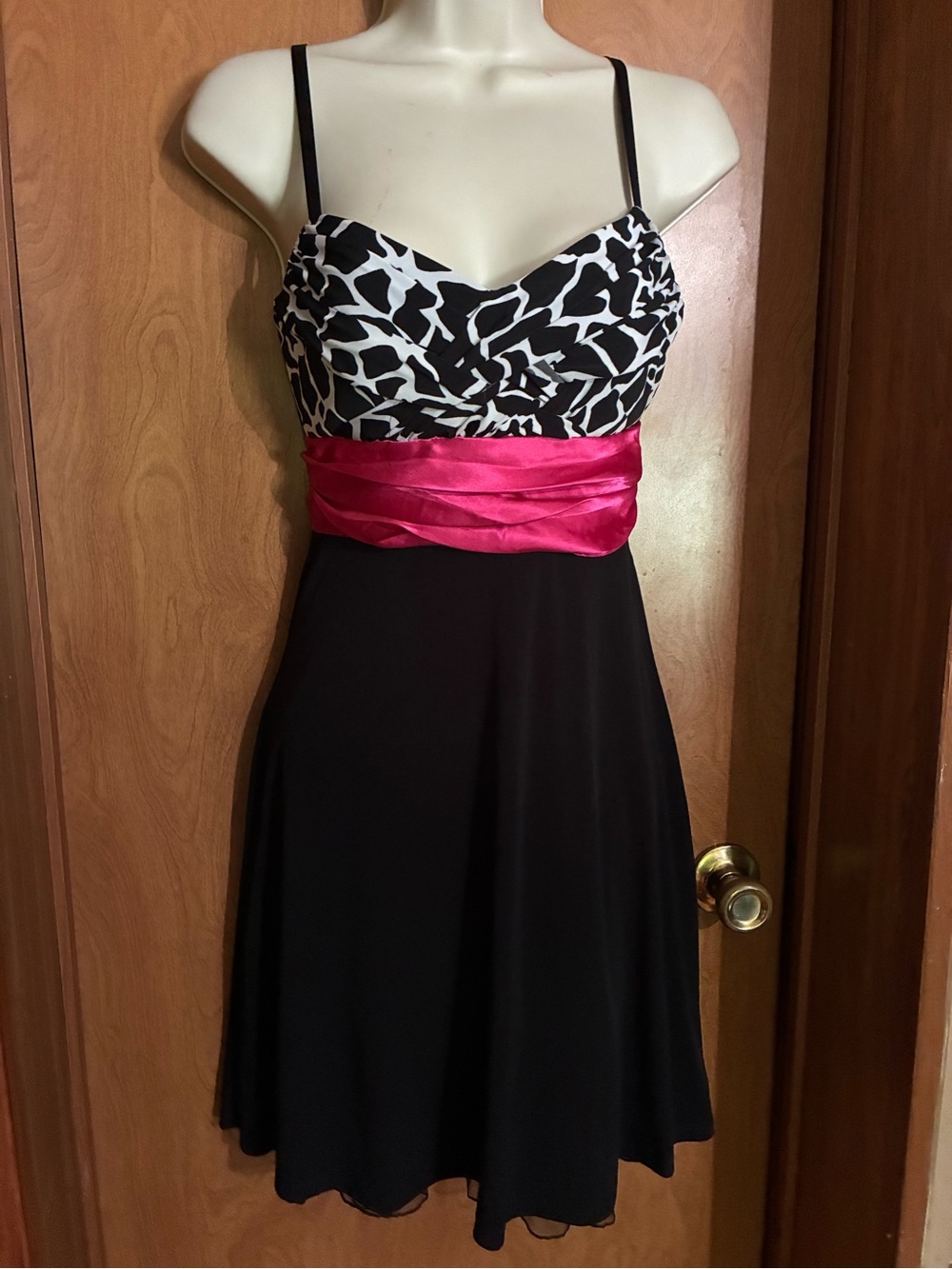 Y2K Black & White Print Cocktail Dress with Hot Pink Waist Small